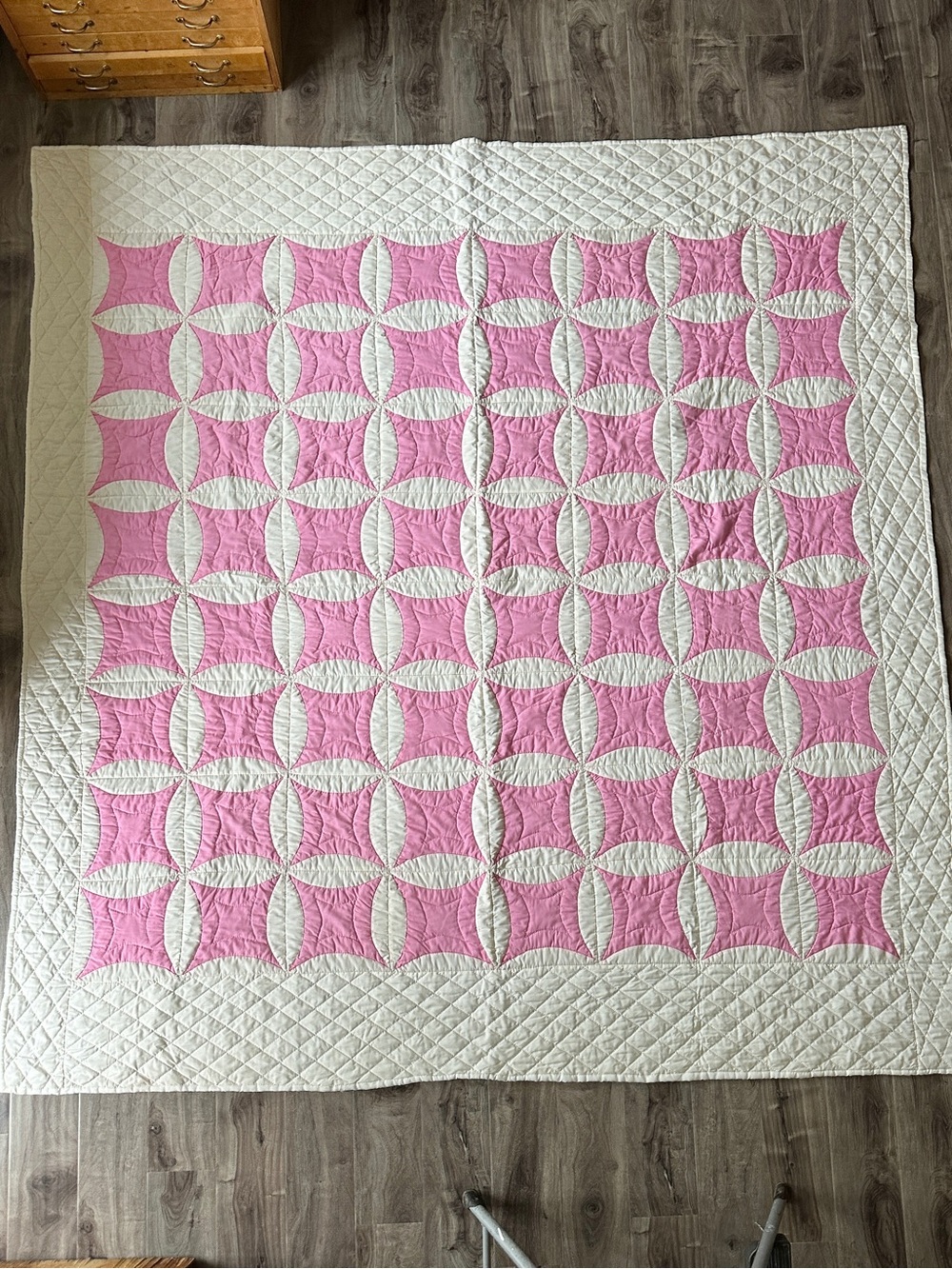 Vintage Pink and White Patchwork Quilt Retro 60s 70s Large Quilted Blanket